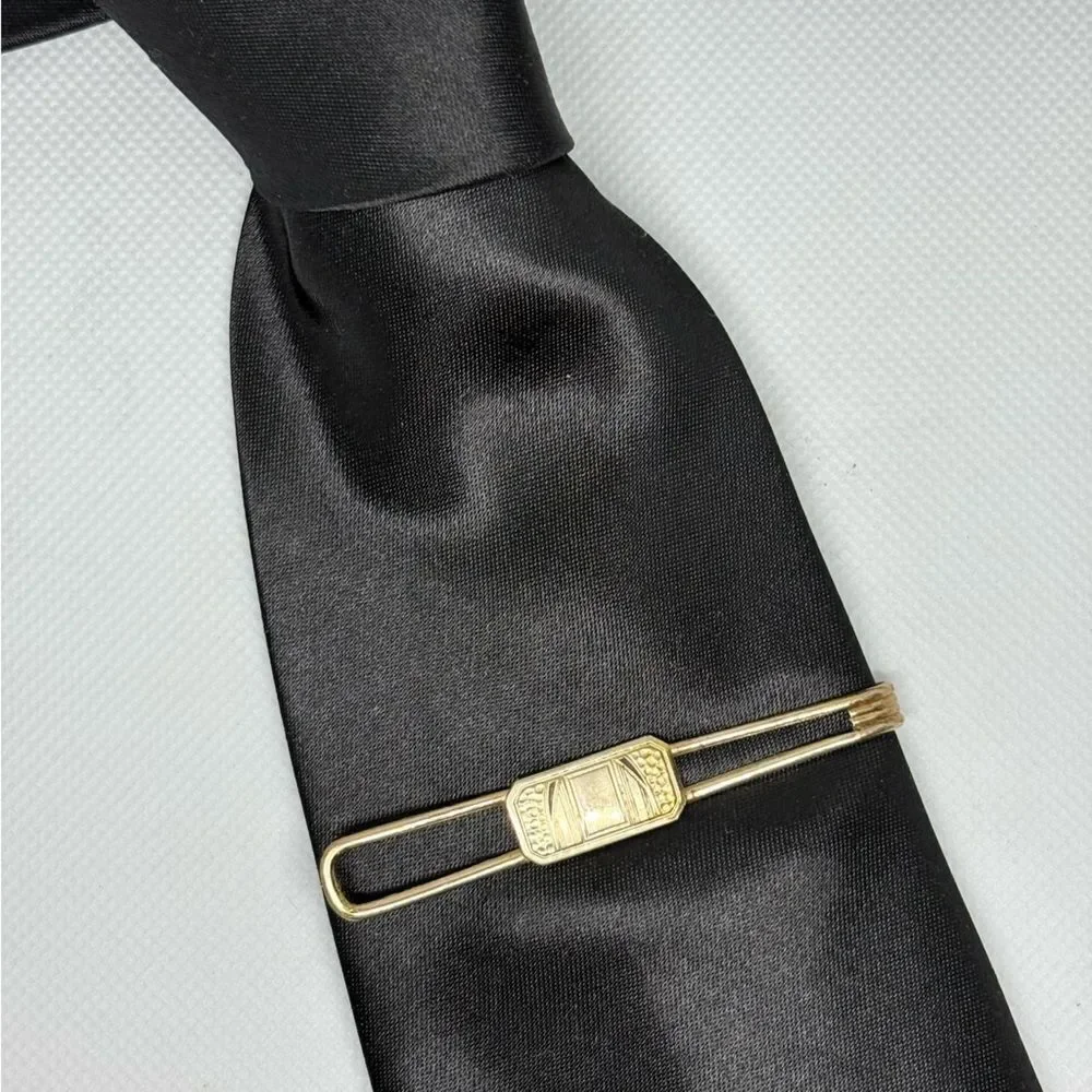 Vintage 50s Gold Tone Geometric Motif Tie Bar Money Clip